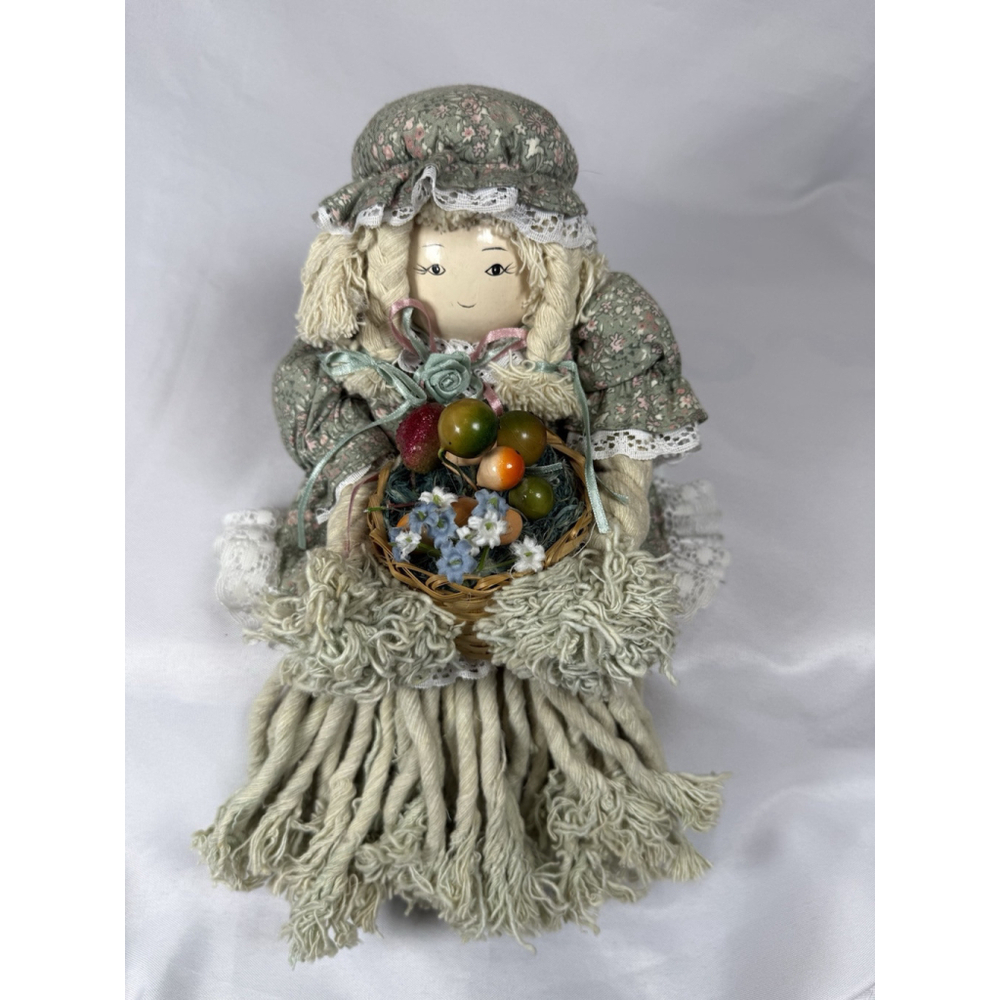 Vintage Mop Doll Shelf Sitter Yarn Porcelain Head WINDS UP PLAYS MUSIC Unique